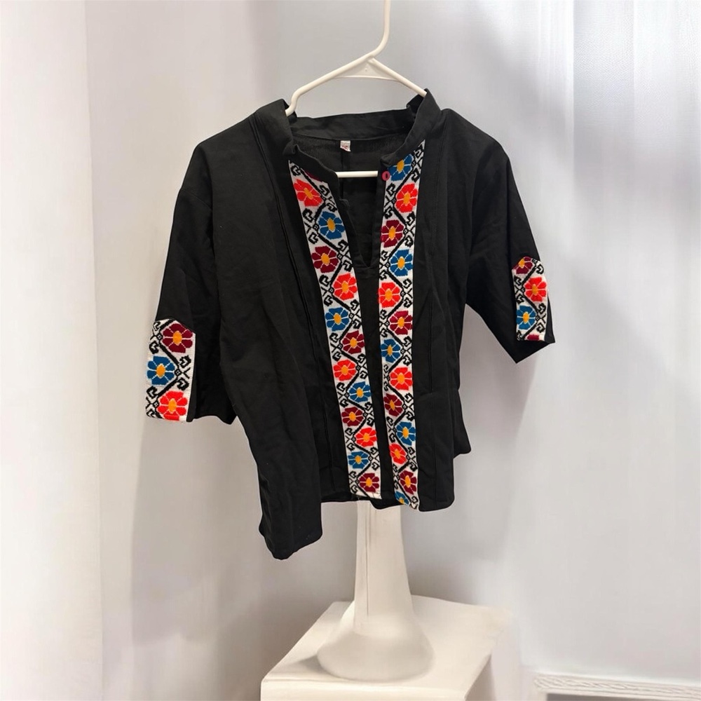 Black Embroidered Top with Colorful Patterns